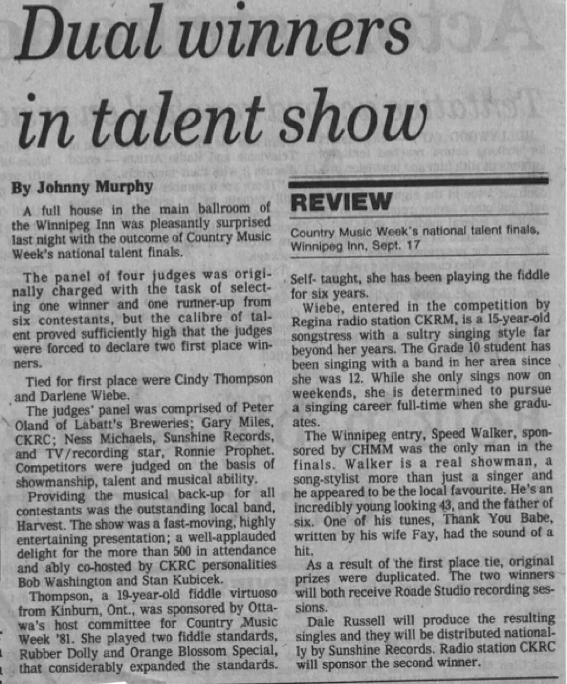 Newspaper clipping: Country Music Week's national talent finals.