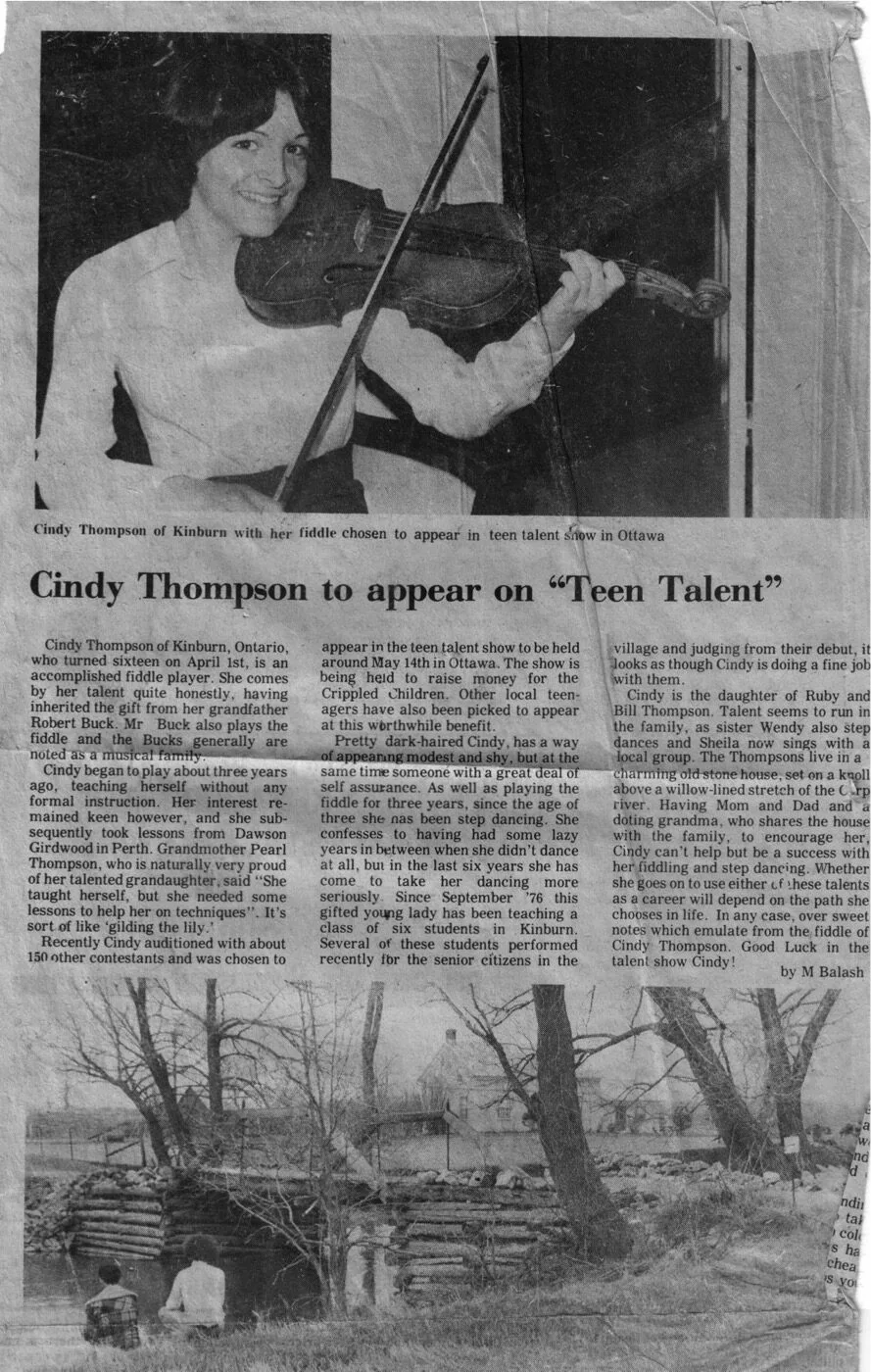 Newspaper clipping: Teen Talent Show, Cindy Thompson age 16.