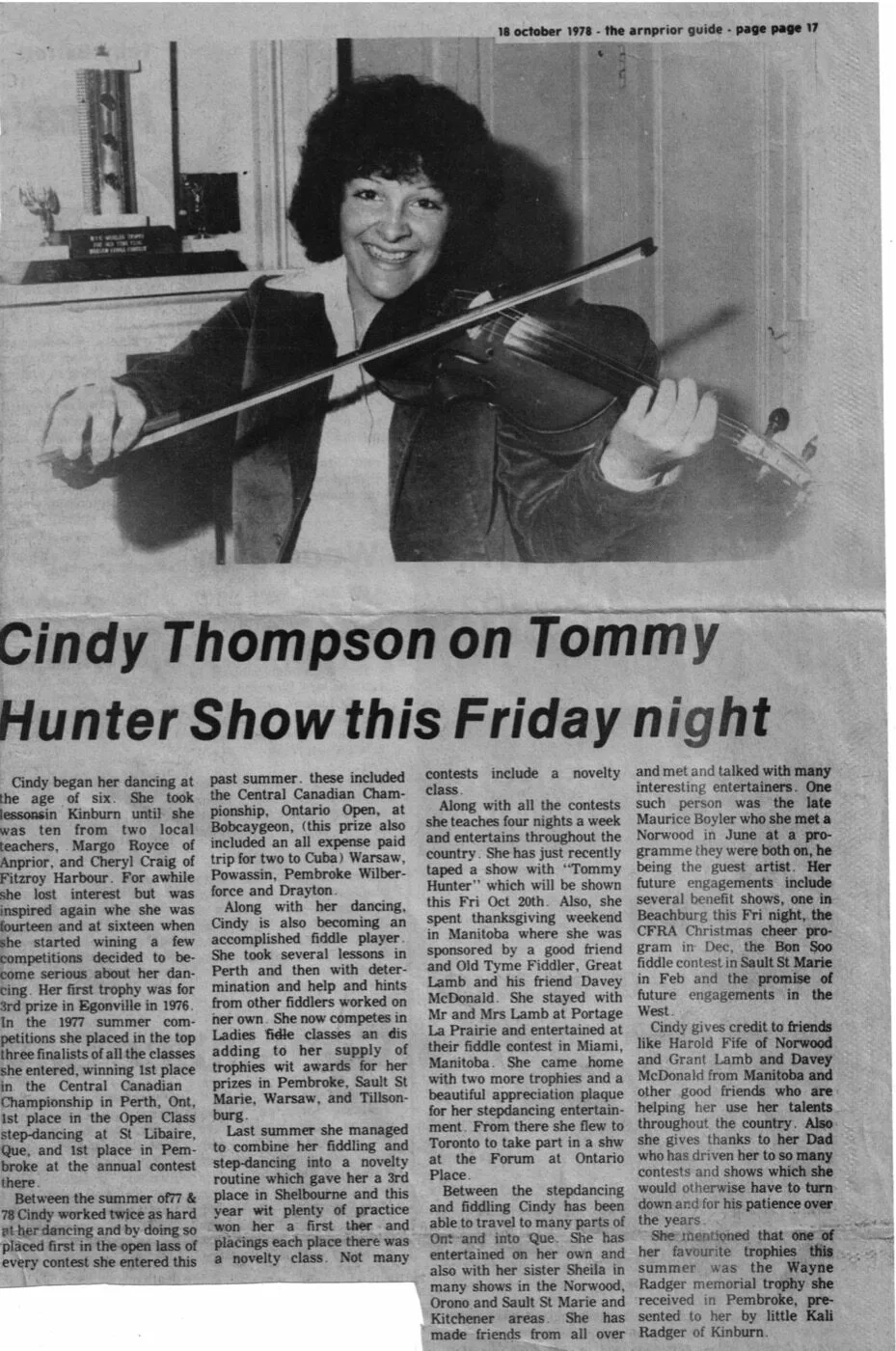 Newspaper clipping: Tommy Hunter Show and Cindy Thompson.